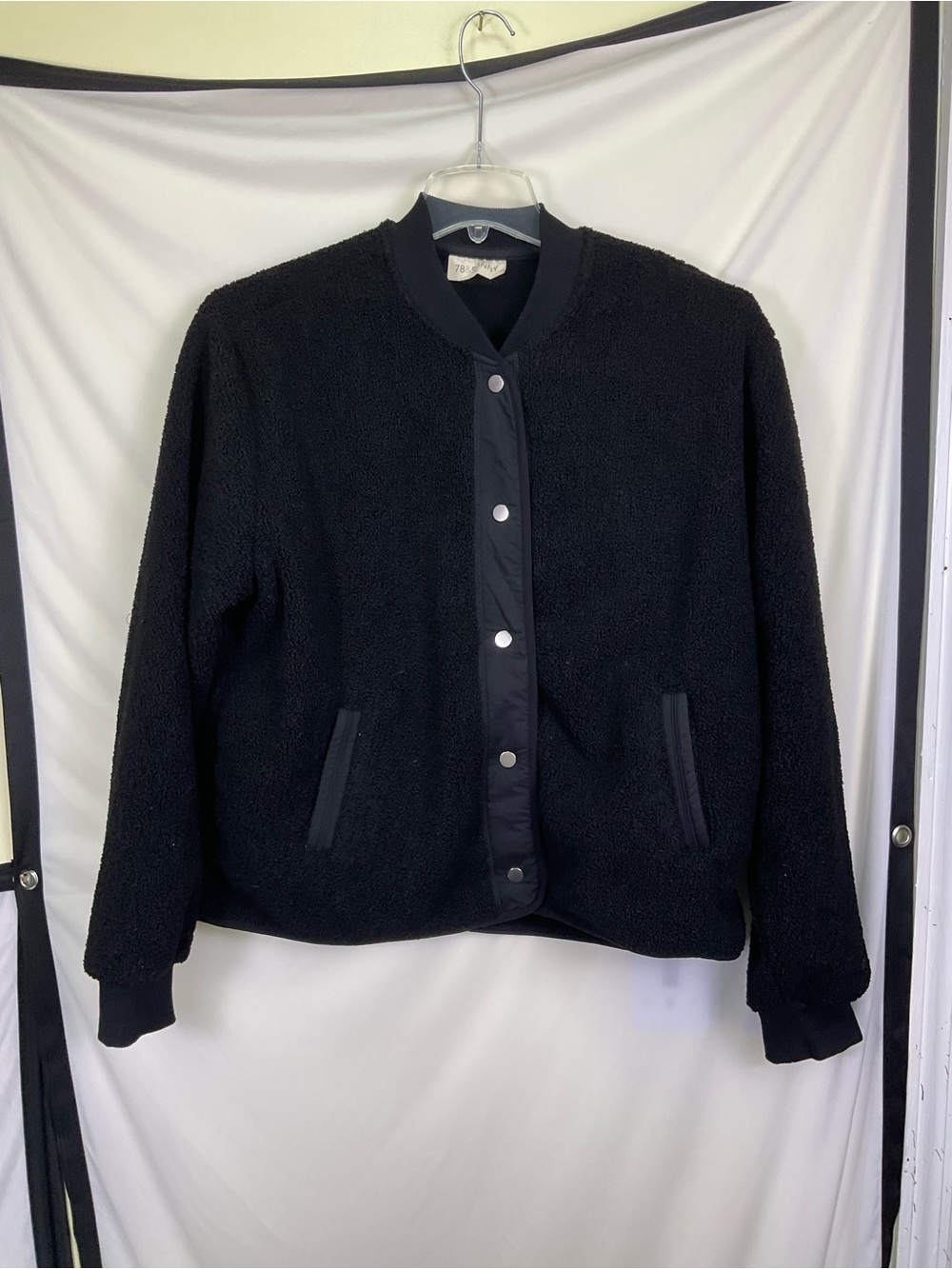 Women's Black Sherpa Bomber Jacket with Snap Front